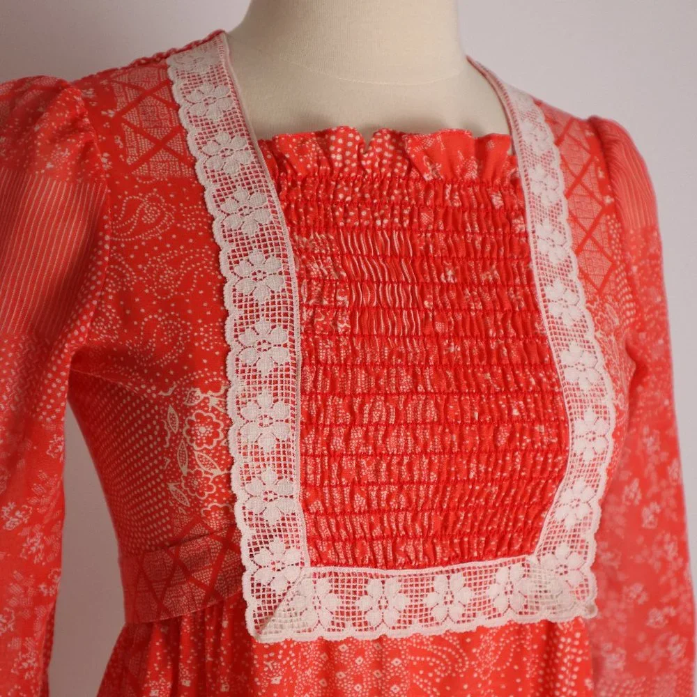 Vintage Red Prairie Boho Calico Cottage Core Floral Lace Dress Hippie Peasant XS - Picture 5 of 10